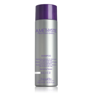 Shampoo Antigiallo Ravvivante Amethyste Silver per capelli grigi o biondi, shampoo antigiallo che aiuta a neutralizzare le tonalità giallastre.